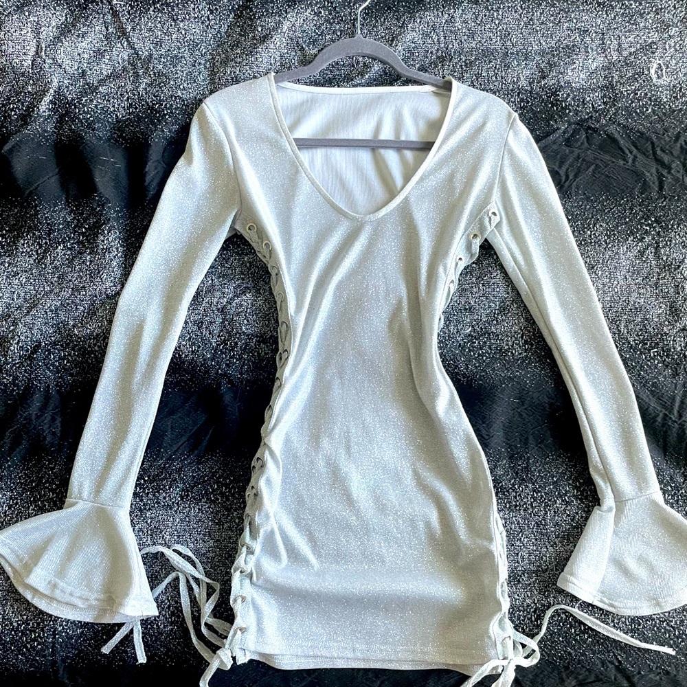 Silver Sexy Hollowed Out Fared Sleeve Body-con Dress